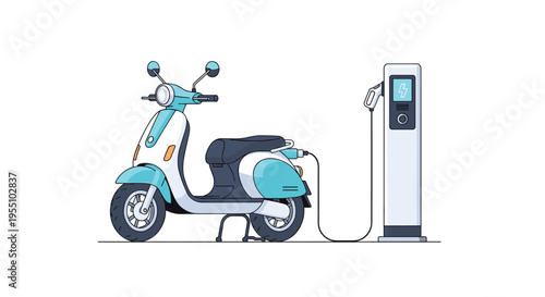 A light blue and white electric scooter charges at a station on a white background.