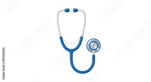 A coiled blue and silver stethoscope is displayed on a pristine white background.