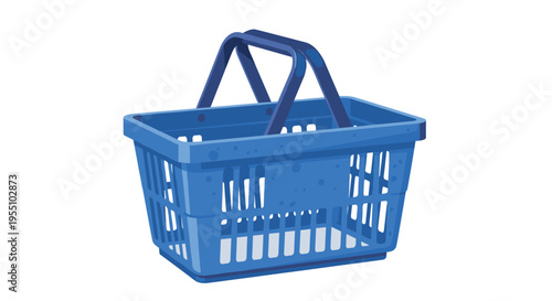 A blue plastic shopping basket with two upright handles sits on a white background.