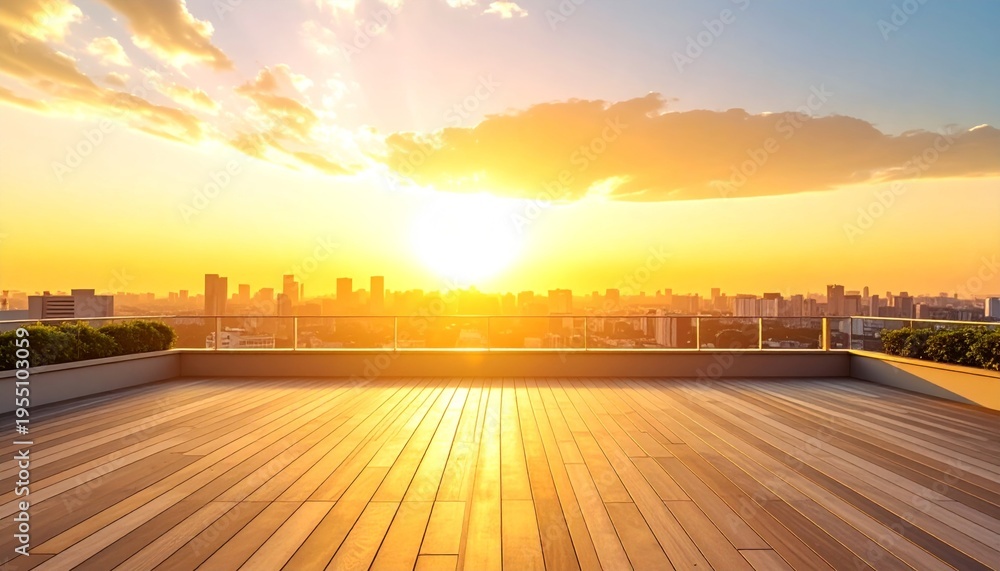 Obraz premium Rooftop Terrace Overlooking Cityscape at Golden Hour With Sun Rays On Wood Deck