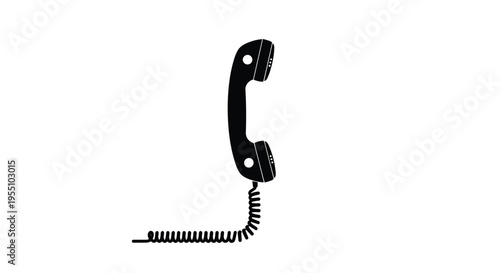 A black vintage telephone receiver with a coiled cord is shown vertically against a pure white background in a simple flat illustration.