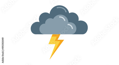 A dark grey storm cloud with a bright yellow lightning bolt is depicted centrally against a pure white background in a simple flat illustration.