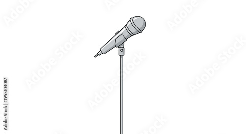 A grey dynamic microphone is presented on a light green stand against a pure white background in a simple flat illustration.
