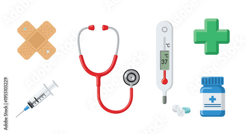 A flat illustration presents medical supplies such as band-aids, a red stethoscope, a thermometer, a green cross, a syringe, and a pill bottle on a white background.