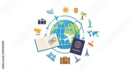 A flat illustration depicts a central globe surrounded by various travel-related icons such as an airplane, passport, camera, and landmarks on a white background.