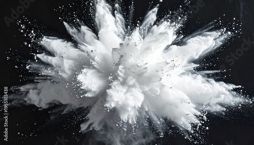 abstract explosion of white powder against a dark background, dynamic cloud dispersing in air, fine particles frozen in motion, high contrast texture, dramatic lighting, minimal composition for stock 