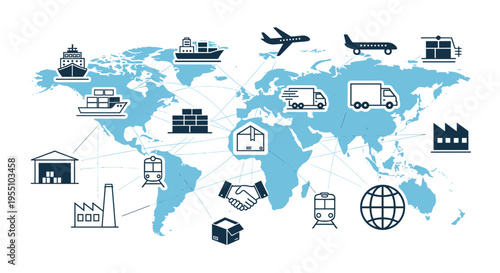 Various transportation and logistics icons are interconnected across a blue world map, illustrating global supply chain networks.