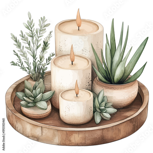 Watercolor illustration of candles and succulent plants on a wooden tray