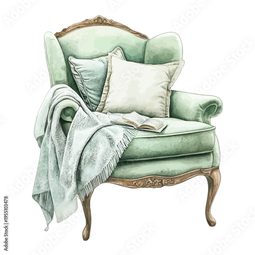 Watercolor vintage mint green armchair with pillows throw and book