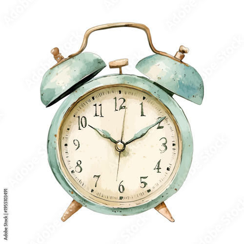 Watercolor vintage teal alarm clock with twin bells isolated on white
