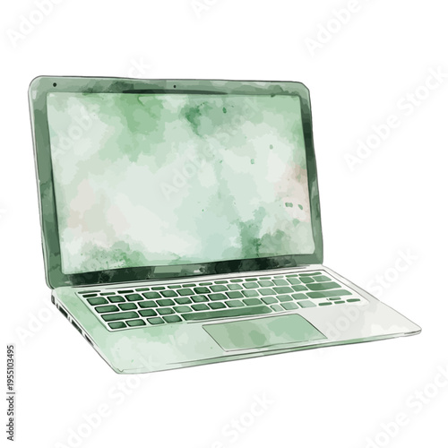 Watercolor sage green laptop computer with artistic screen texture