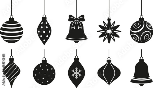 Black and white Christmas ornaments and bells hanging, vector graphic illustration of holiday decorations