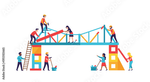 A diverse group of illustrated people in construction gear collaboratively build a colorful bridge structure on a light background.