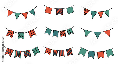Nine distinct rows of colorful bunting flags with various patterns are strung horizontally on a light background.