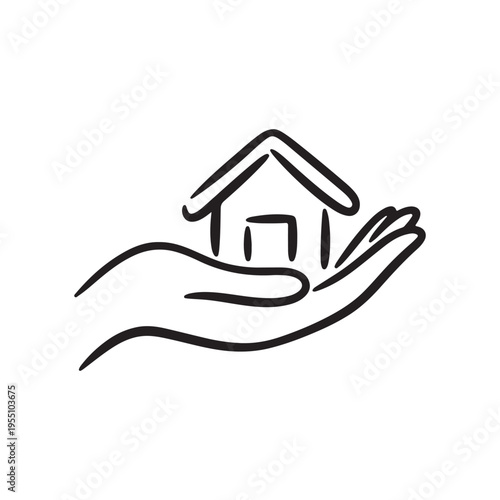 Hand Holding House – Home Care and Real Estate Line Art Vector Illustration