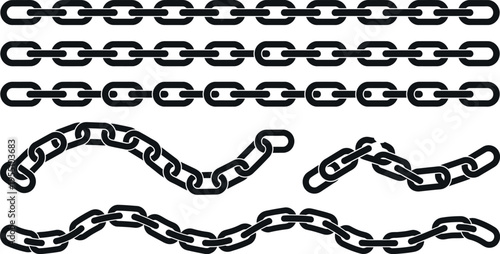 A set of black chain links in various styles and formations, including straight and wavy lines, and broken sections.
