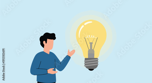 An illustrated man in a blue shirt gestures towards a large glowing light bulb on a light blue background.
