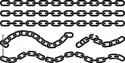 A set of black chain links in various styles and designs, including straight and wavy patterns, on a white background