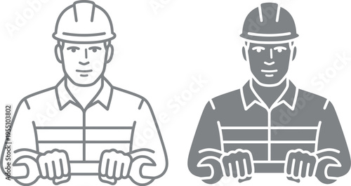 Vector illustration of two construction workers in hard hats and uniforms, shown in different line styles and colors