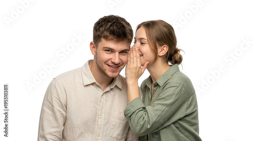 Young couple sharing a secret woman whispering to man with a surprised expression on a white background