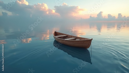 Lone wooden boat adrift on tranquil water surface at sunrise. Sky reflections on calm liquid and soft clouds create serene atmosphere. Peaceful dawn scene, no people.