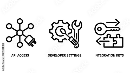 Software development line icons: api access, developer settings, and integration keys management