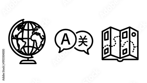 Global communication and navigation icons: world map, language translation, and travel route symbols