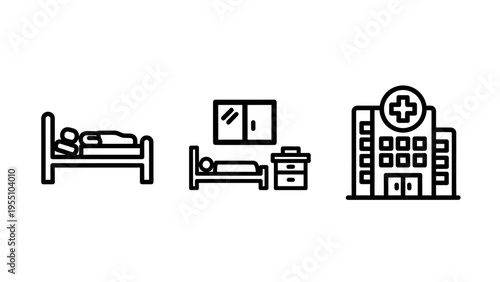 Healthcare and medical facility icons: patient bed, hospital room, and clinic building outline symbols