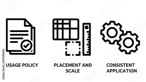 Business policy and application icons: usage rules, content placement, and system consistency symbols