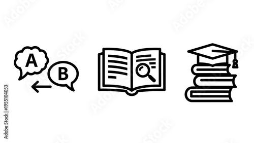 Vector line icons representing language translation, book research, and academic education with a graduation cap and stacked books