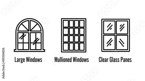 Architectural vector icons depicting various window types, including large arched, mullioned, and clear glass pane designs for building plans