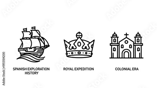 Historical icons - sailing ship, royal crown, and colonial church outline symbols for exploration and era concepts