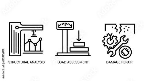 Structural analysis, load assessment, and damage repair outline icons - engineering, construction, and maintenance concepts