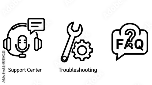 Support center, troubleshooting, and faq outline icons - customer service and technical assistance concepts