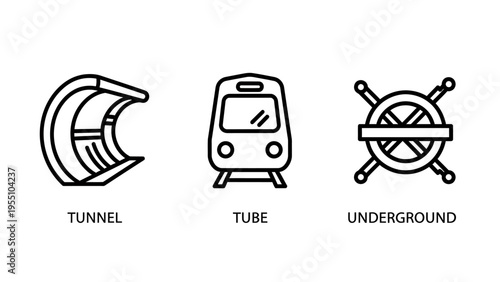 Urban public transport infrastructure icons featuring tunnel, tube, and underground railway system concepts