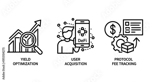 Decentralized finance icons for yield optimization, user acquisition, and protocol fee tracking in digital economy