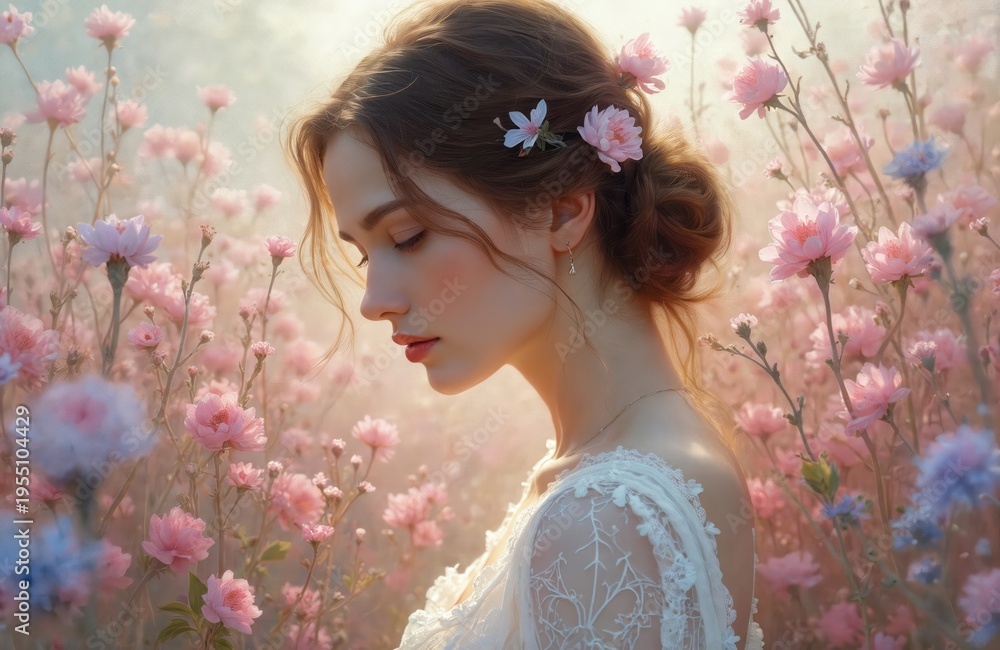 Fototapeta premium Beautiful woman with flowers in her hair wears white lace dress. She stands in field of pink blossoms. Gentle sunlight illuminates her serene face. Romantic dreamy mood.
