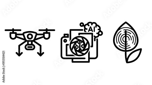 Agricultural technology: drone survey, AI photography, and smart farming solutions vector outline icons