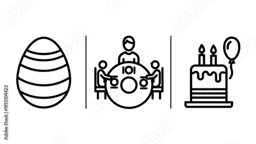 Family holiday celebrations: easter, dinner gathering, and birthday cake festive vector icons