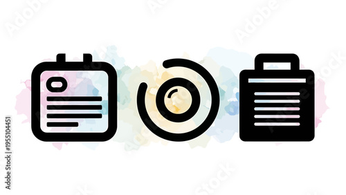 Business document management and progress tracking icons: professional briefcase, workflow report, and loading spinner symbols for digital data