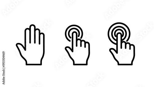 User interface interaction hand gesture icons: open palm, single tap, and double tap symbols for touchscreen navigation and digital commands