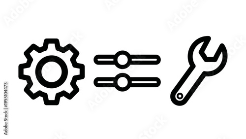 System settings and configuration tools icons: mechanical gear, adjustable sliders, and wrench symbols for customization and control interface
