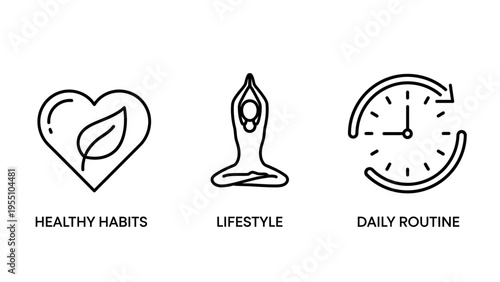 Healthy lifestyle and daily routine icons: heart with leaf for wellness, yoga pose for balance, and clock for consistent habits