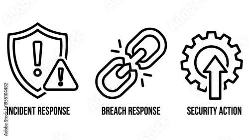 Cybersecurity incident icons for response and data breach management featuring line art symbols of security shields, warning exclamations, broken chains, and technical action gears with arrows