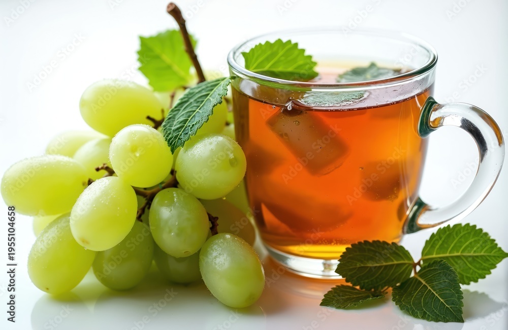 Fototapeta premium Fresh green grapes and a glass of iced tea with mint leaves. Juicy fruit and cool beverage offer natural refreshment. Healthy food and drink for summer relaxation and detox.