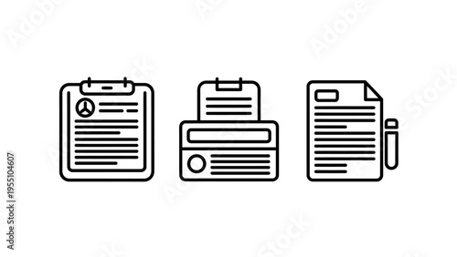 Healthcare administration line icon set with medical patient records clipboard printer for documents and physician prescription form for hospital management and healthcare data systems