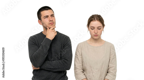 Man thinking with puzzled expression standing next to woman looking down both wearing casual sweaters on plain white background contemplating and concerned emotions