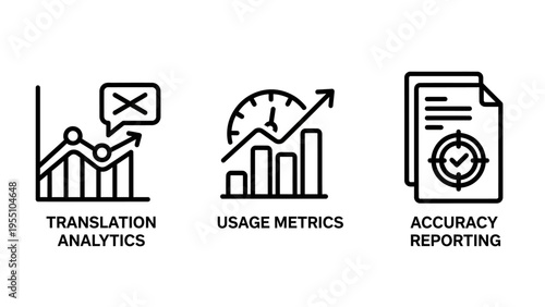 Translation analytics usage metrics and accuracy reporting data visualization icons for business intelligence and performance tracking