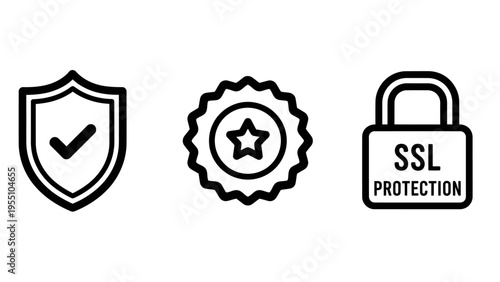 Cyber security ssl protection trust badge and verified shield icons for internet safety and encrypted digital transaction concepts