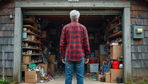 Elderly man stands outside cluttered garage full of boxes and shelves. He wears a red plaid shirt and blue jeans. Sun casts shadows on the messy interior space.